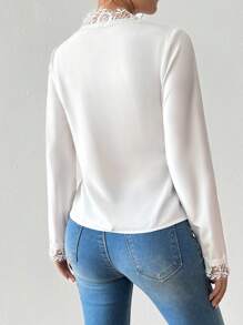 Chiquease Blusa elegante de mujer de unicolor, cuello en V, manga larga con volantes en el borde - Blanco - Ver 2