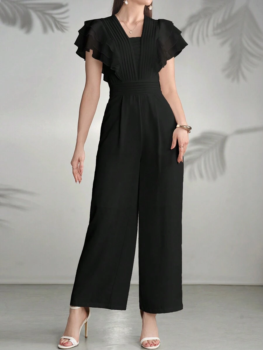 Modelyn Women's Solid Color Short Sleeve Casual Jumpsuit - Black - View 1