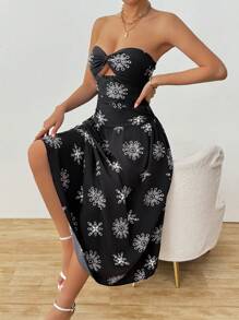 SHEIN Unity 夏季女士花卉印花露肩纽扣镂空性感连衣裙 - 黑色 - 查看 6