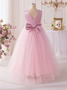 SHEIN Tween Girls' Solid Jacquard Sleeveless Mesh Splice Ruffle Hem Princess Dress, Suitable For Graduation, Birthday Party - Pink - View 2