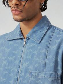 ROMWE MEN Men's Butterfly Print Short Sleeve Zip-Up Casual Denim Jacket - Black - View 2