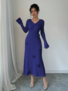 Elenzga 女士 V 领长袖优雅 3D 花朵毛衣连衣裙 - 寶藍色 - 查看 3