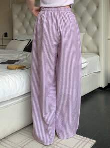 DAZY 条纹宽松腰抽绳休闲舒适裤，女士春季家居舒适裤睡衣 - 紫色 - 查看 2
