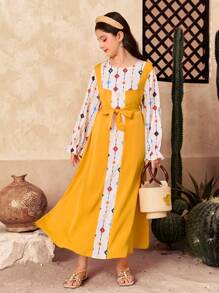 SHEIN Tween Girl Casual Patchwork Solid Color & Floral V-Neck Ruffle Sleeve Dress - Yellow - View 3