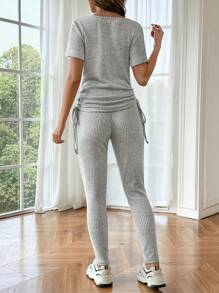 SHEIN 2pcs/Set Maternity Solid Color Round Neck Short Sleeve T-Shirt With Side Drawstring And Adjustable Waist Pants