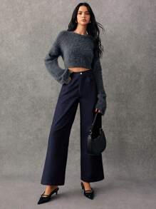 Poéselle 女士休闲裤，简约时尚，适合日常穿着 - 藏蓝色 - 查看 4