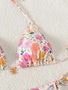 SHEIN Swim Conjunto de ropa de playa para mujer: Collar con colgante de flor de metal dulce y bonito con estampado floral, conjunto de bikini triangular - Multicolor - Ver 7