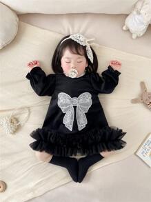 SHEIN 女宝宝春秋杏色长袖公主风奢华天鹅绒蝴蝶结刺绣连衣裙