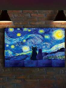 1 pieza Obra de arte de la Noche Estrellada, impresión en lienzo de obra de arte de gatos, póster de decoración de cielo nocturno, pintura de animales, pintura surrealista para decoración de habitación, estilo de Vincent Van Gogh, impresiones artísticas, decoración del hogar, pósteres, regalo ideal, para sala de estar, dormitorio, baño, cafetería