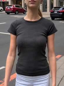 SHEIN Leap Crew Teen Girls Black Knit Crew Neck All-Match Minimalist Snug Fit Casual Streetwear Undershirt Top, Suitable For Spring And Summer - Black - View 7