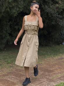 DAZY Vestido de verano casual y utilitario para exteriores, de unicolor, con cintura ajustada y abertura, estilo deportivo