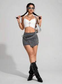 SHEIN EZwear 女士休闲水洗系带修身迷你牛仔半身裙 - 深灰色 - 查看 7