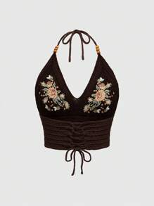 ROMWE Hippie 自然可爱纯度假玫瑰植物蜜蜂刺绣挂脖针织上衣女士 - 棕色 - 查看 2