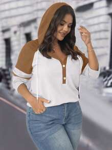 Plus Size Women Plaid Patchwork Half-Zip Hooded Long Sleeve Loose Casual T-Shirt Graphic Tees Women Tops For Spring - Multicolor - View 4