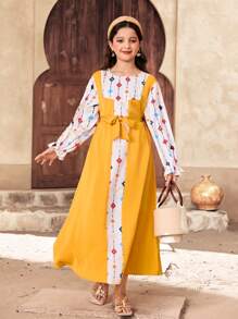 SHEIN Tween Girl Casual Patchwork Solid Color & Floral V-Neck Ruffle Sleeve Dress - Yellow - View 4