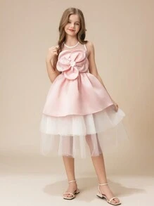 Tween Girl 优雅奢华粉色圆领花卉分层薄纱派对礼服，适合庆典、派对、节日、婚礼、花童、生日舞会等正式场合 - 粉色 - 查看 3