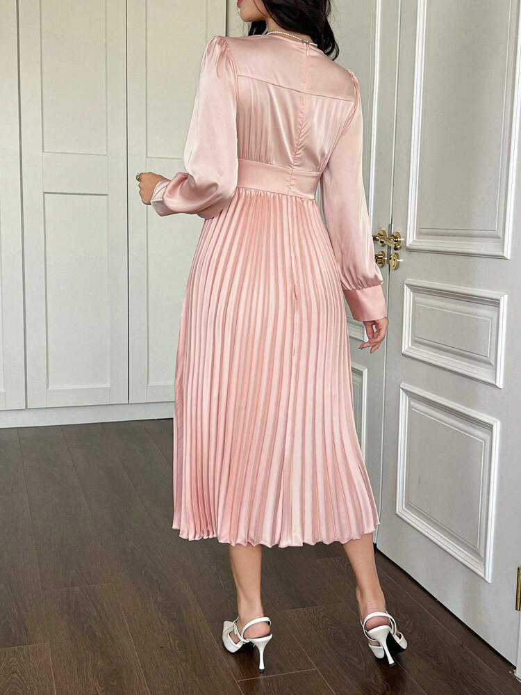 V-Neck Puff Sleeve Bowknot Waist Women Mid-Length Dress,Fall Dress Long Sleeve Dress Maxi Dress