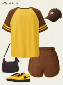 Explorewe 2pcs/Set Vintage Color-Blocked Girls Casual Sports Top And Shorts Set, Summer New Arrival - Mocha Brown - View 9