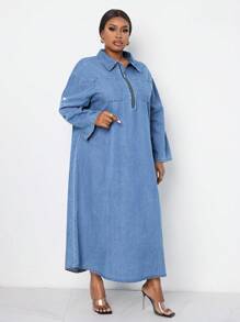SHEIN Lady Plus Size Denim Dress Long Sleeve Loose Midi Dress Blue Long Dress Fairy Core Dress Fall Women Skirts Western Women Dresses Witch Dress Long Dress With Sleeves Light Blue Skirt Blue Homecoming Dress Long Fall Dress Robe - Medium Wash - View 6