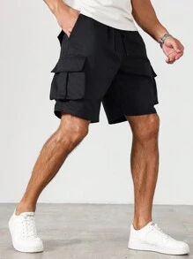 Manfinity Homme Plus Size Men's Solid Color Drawstring Waist Cargo Pocket Shorts - Black - View 6