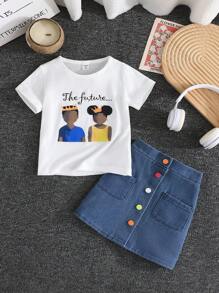SHEIN 2pcs/Set Girls Cartoon Pattern Casual Streetwear Long Sleeve T-Shirt And Denim Skirt Set, Spring/Summer