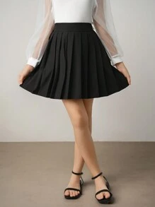 SHEIN Elladie kids 青少年女孩简约高腰 A 字迷你百褶裙，适合日常休闲装、校园风格、夏季、返校装、早春装 - 黑色 - 查看 3