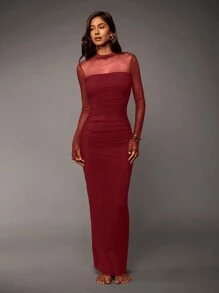 Opulessa Holiday Openwork Knit Long Sleeve Maxi Dress - Red - View 5