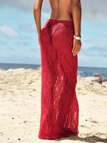 Opulessa Casual Solid Color Knit Lace Fit & Flare Skirt - Red - View 2