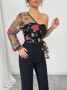 Rafferiza 女式刺绣网眼单肩抹胸直筒连体裤，带蝴蝶袖，休闲春秋装 - 黑色 - 查看 6