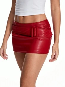 TRNVIE Plain Color A-Line Decorative Waistband PU Leather Mini Skirt For Women