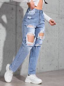 SHEIN PETITE 女士休闲破洞锥形牛仔裤 - 淺色水洗藍 - 查看 4