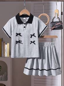 2pcs/Set Girls Bow Decor Gray Short Sleeve T-Shirt With Skirt Cute Outfit - Light Grey - View 6