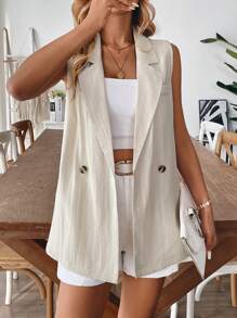 Chiquease Women's Casual Solid Color Double-Breasted Linen Sleeveless Blazer - Apricot - View 5