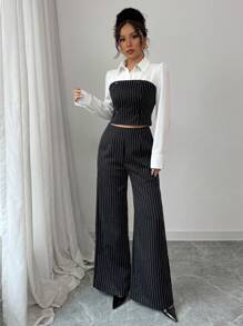 Elenzga 2 件女式黑白条纹衬衫领上衣和阔腿裤套装 - 黑與白 - 查看 1