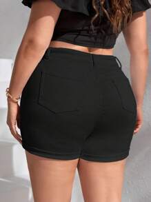 SHEIN CURVE+ Plus Size Women's Elastic Black Folded Hem Denim Shorts