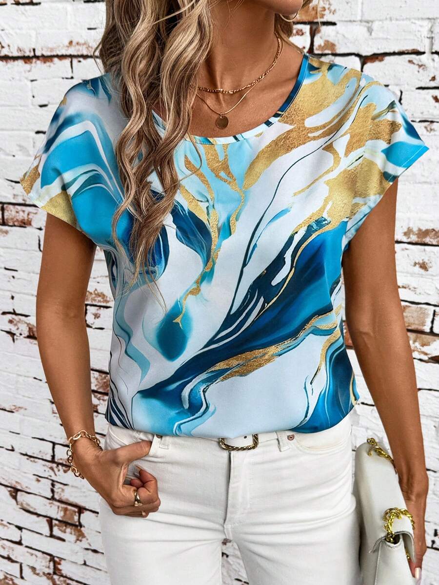 SHEIN Clasi Áo kiểu nữ cỡ lớn, cổ tròn, tay ngắn, thích hợp mặc hàng ngày, đi biển, công sở, mùa hè, đi nghỉ mát, áo mùa hè cho nữ, áo đi chơi. - Nhiều màu - Xem 1