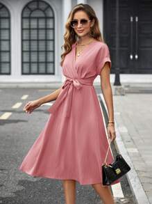 SHEIN Clasi V Neck Criss-Cross Solid Color Waist Belt Short Sleeve Midi Women Dress - Baby Pink - View 3
