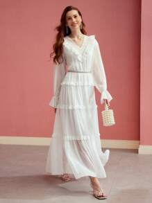 MOTF PREMIUM GATHERED CONTRAST LACE FLOWY DRESS,SPRING/SUMMER - White - View 3