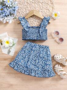SHEIN Leap Crew 女婴精致碎花蝴蝶结设计两件套户外休闲服装套装 - 藍色 - 查看 2