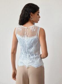 MOTF STUDIO BLUSA SEM MANGAS COM RENDA CONTRASTANTE - Azul e Branco - Visão 6