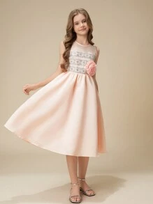 Girls Round Neck Sleeveless Mesh Lace Patchwork Floral Decor A-Line Party Dress, Wedding & Formal Occasion - Pink - View 4