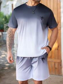ResortEase Plus Size Men Gradient Palm Tree Print Short Sleeve T-Shirt And Shorts Set