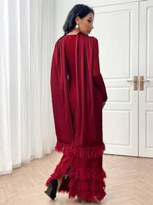 Modelyn Women Elegant Solid Color Tassel Trim Bodycon Dress Long Evening Dresses