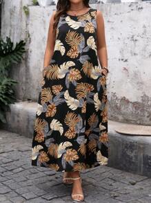 SHEIN LUNE Women's Plant Print Sleeveless Dress, Casual Holiday Wear Summer Outfits For Women Summer Spring Clothes Spring Outfits For Women Summer Dresses For Women Plus Size Dresses Summer Boho Old Money