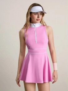 CourtClass Damen Farbblock Trichter Kragen Halb Reißverschluss Ärmelloses Rosa Dehnbares Sport Kleid Set