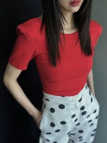 DAZY T-shirt sans dos ajusté et élastique à manches courtes de couleur unie pour femme, tenue du Nouvel An chinois, printemps/été, Top bain-de-soleil
