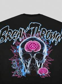 ROMWE MEN Street Life 男式骷髅图案超大短款 T 恤，街头潮流，万圣节