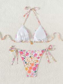 SHEIN Swim Conjunto de ropa de playa para mujer: Collar con colgante de flor de metal dulce y bonito con estampado floral, conjunto de bikini triangular - Multicolor - Ver 8