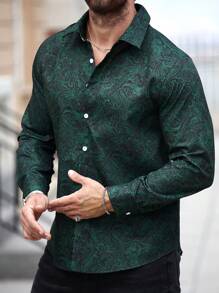Manfinity LEGND Plus Size Men's Front Button Long Sleeve Shirt, Simple Casual Shirt, Dark Green Men Shirt