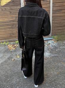 DAZY 女士休闲洗水剪裁牛仔夹克和牛仔裤套装 - 藍色 - 查看 7